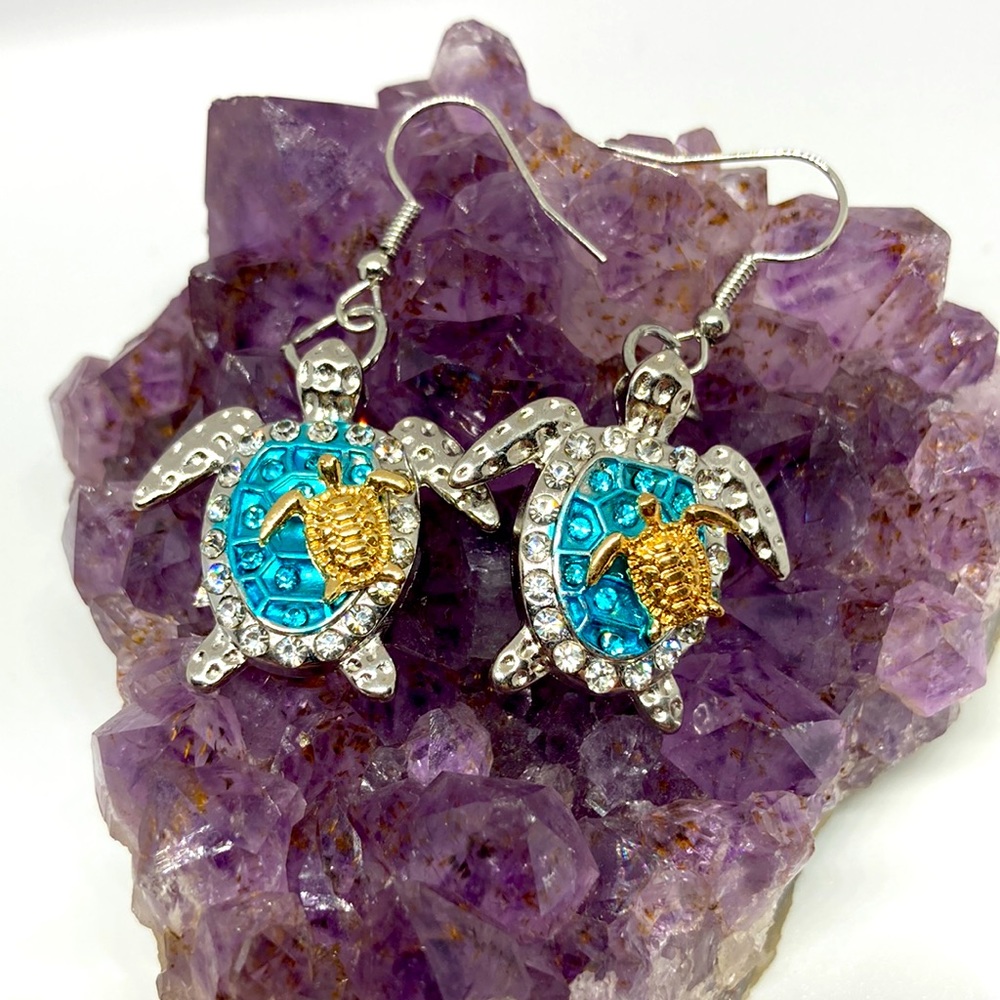Crystal and silver tone turtle earrings